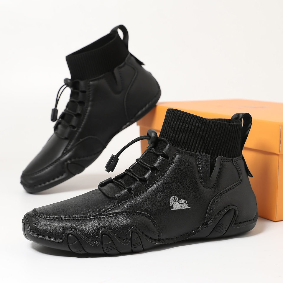 Bốt Martin cổ vừa unisex kiểu dây thun, đế bằng, form rộng — C8005 kaki, C8005 màu xám, C8005 màu đen, C8005M kaki lót nhung
