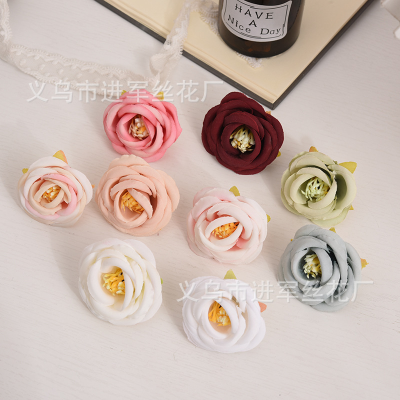 새로운 시뮬레이션 작은 동백꽃 머리 싱글 실크 천 장미 DIY 수제 머리 장식 모자 꽃 웨딩 장식 사진 도로