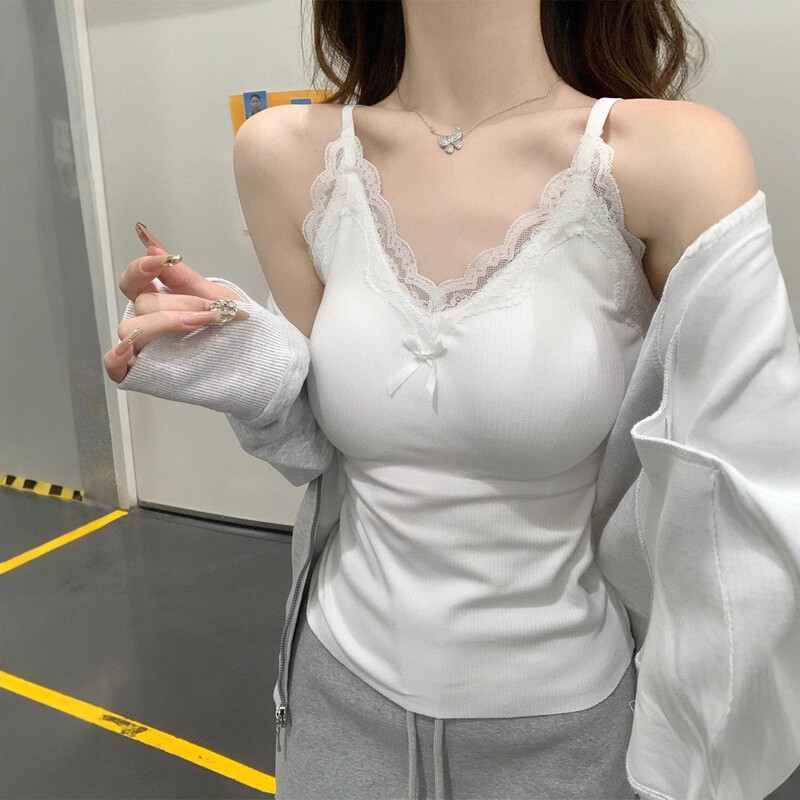 New Lace Camisole Women's Bow Suspender Inner with Breast Pad V-Neck Slim Short Sexy Top New Lace Camisole Women's Bow Suspender Inner with Breast Pad V-Neck Slim Short Sexy Top