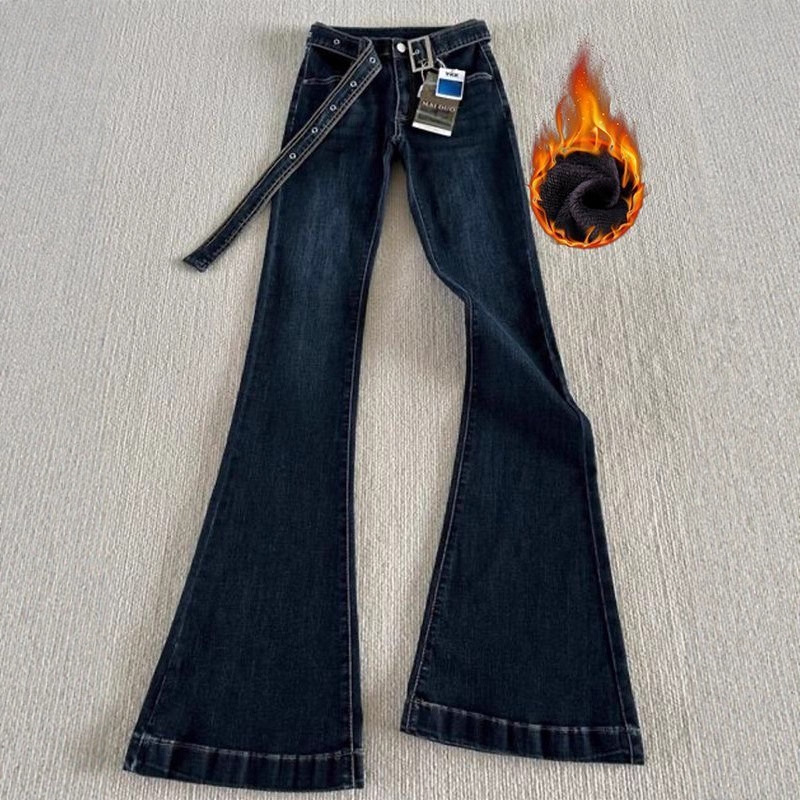 American Retro Flared Jeans for Women, Fleece-Lined, Thickened, Slim-Fit, Low-Rise, Straight-Leg, Cigarette-Flared Pants, Trendy