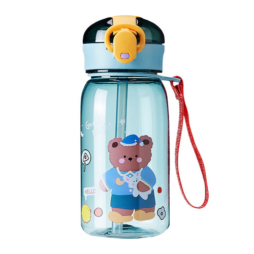 Summer Cartoon Cute Bear Children's Plastic Water Cup Wholesale Primary School Student Portable Strap Bouncing Lid Straw Cup