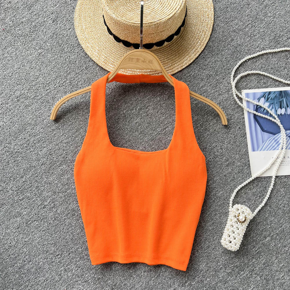 84g Weight Cotton, Rib Fabrics Fabric Type Short Top Length Vest Tops Type Holiday, Banquet, Daily Occasion Halter Neck Neckline Slim Fit Type Solid Color Pattern Summer Season Women's Gender Elegant, Streetwear Style Wholesale Women's Elegant Streetwear Solid Color Tank Tops 3