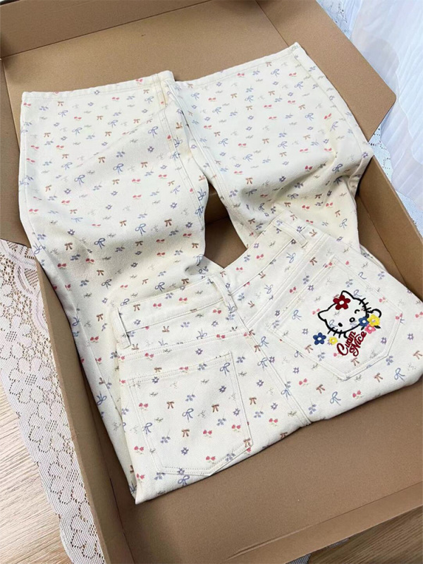 大码简约慵懒碎花kitty刺绣牛仔裤女夏季新款少女感高腰直筒长裤|undefined