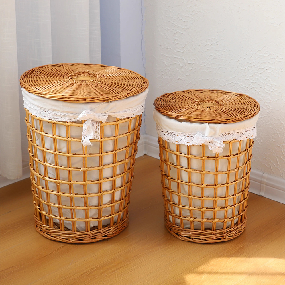 Cesta de almacenamiento de sauce personalizada con cubierta vacía con cesto de ropa sucia para tiendas de hotpot de caña pastoral