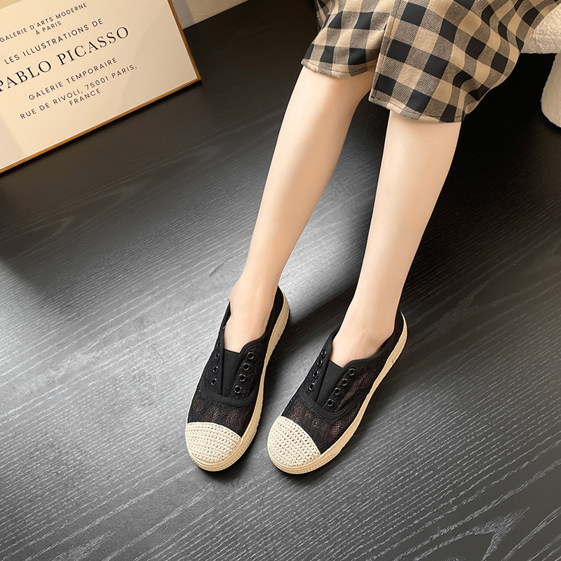 Augusto tejido pescador zapatos para mujeres 2023 verano nuevo estilo Chanel encaje hueco adelgazamiento zapatos de lona moda