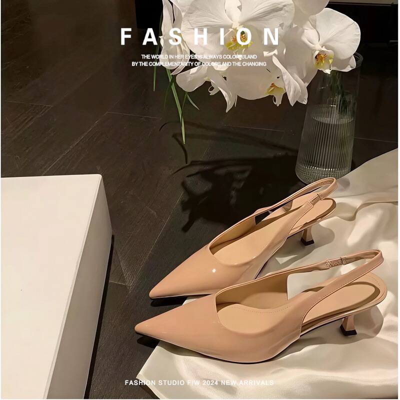Lambskin Elegant French-Style Nude-Colored Comfortable High-Heeled Shoes, Patent Leather Closed-Toe Sandals for Women, Stunning Pointed-Toe Socialite Footwear