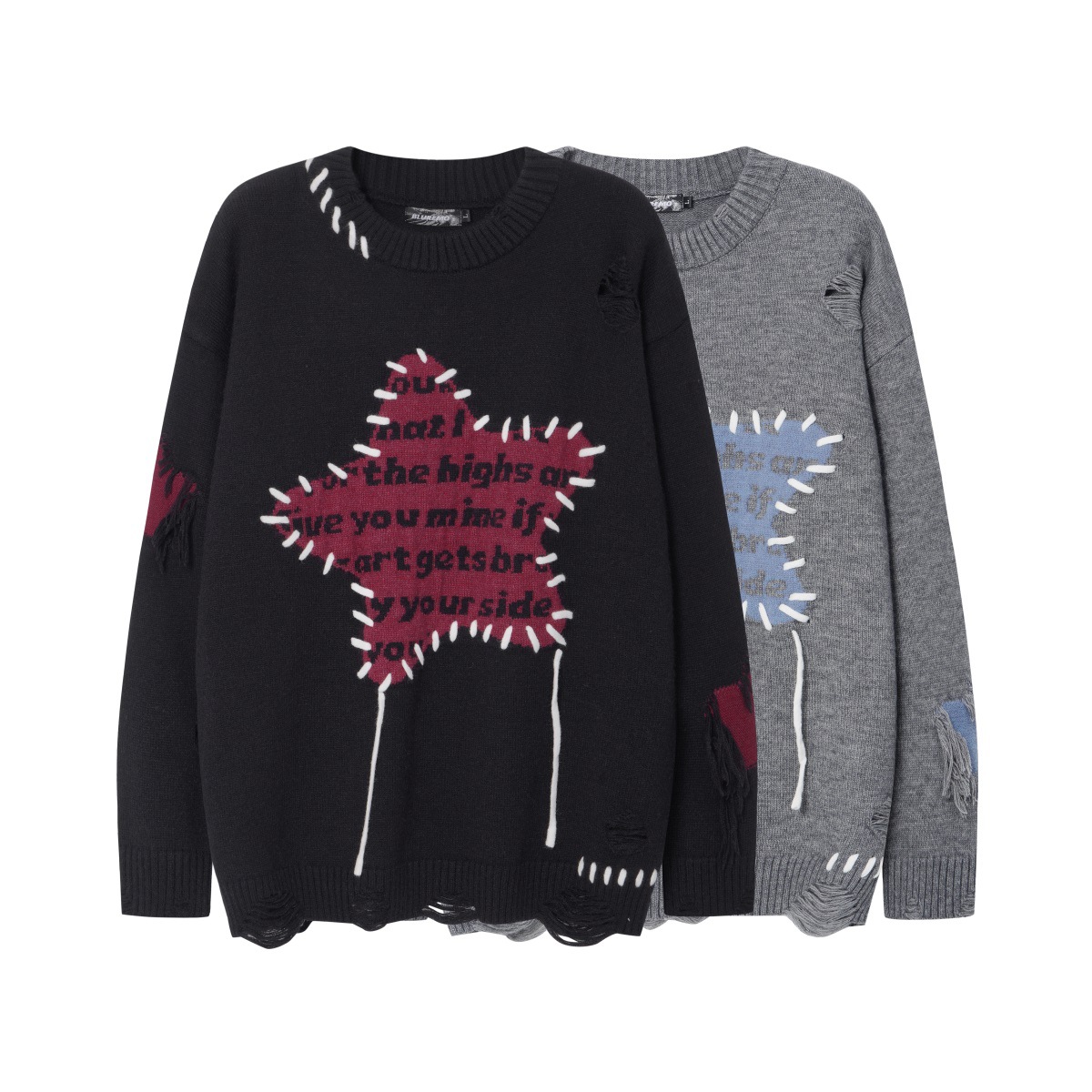 Abbigliamento maschile Autunno e inverno moda di strada fori irregolari colori contrastanti decorazione a forma di stella stile coppia versatile maglione lavorato a maglia_voghion.com