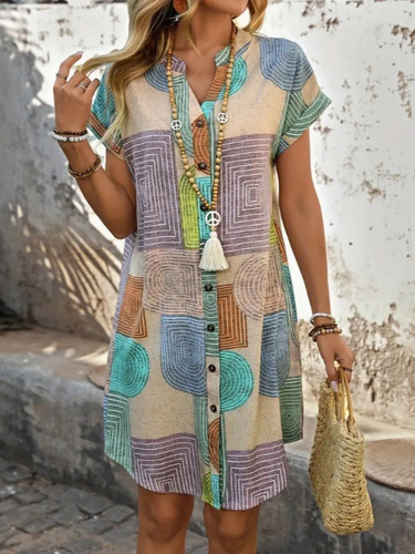 Women's Elegant V-neck Button-up Sleeveless Dress with Geometric Print for Summer