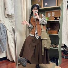 日系软妹森系简约马甲女学生秋复古半身裙休闲衬衫套装