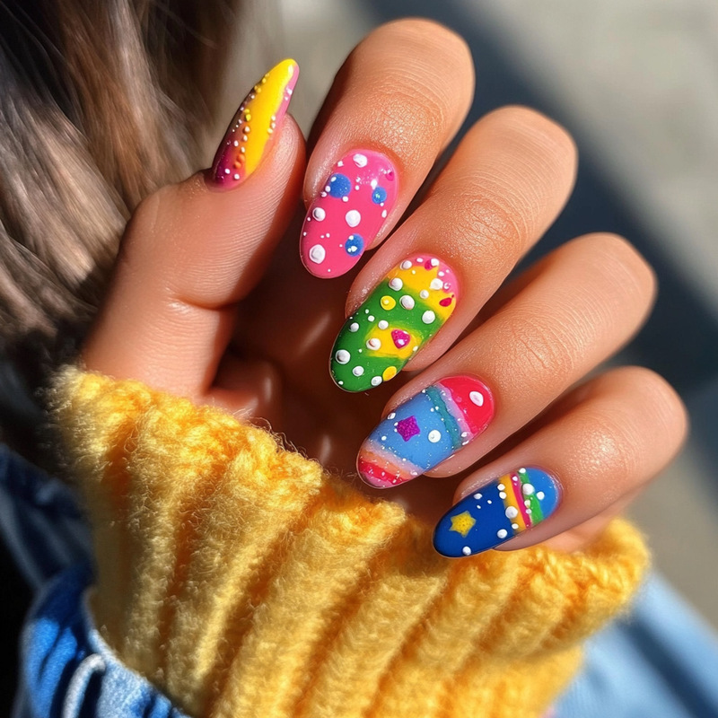 Wm-182 Childlike Polka Dot Fake Nails Dopamine Color Personalized Cute Art Lively Wearable Nail Chips Wholesale
