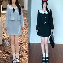 大码胖mm感2023秋季时尚套装短外套女高腰短裙