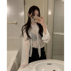 韩国chic初秋气质百搭立领系带波点长袖衬衫女薄款微透雪纺衫上衣