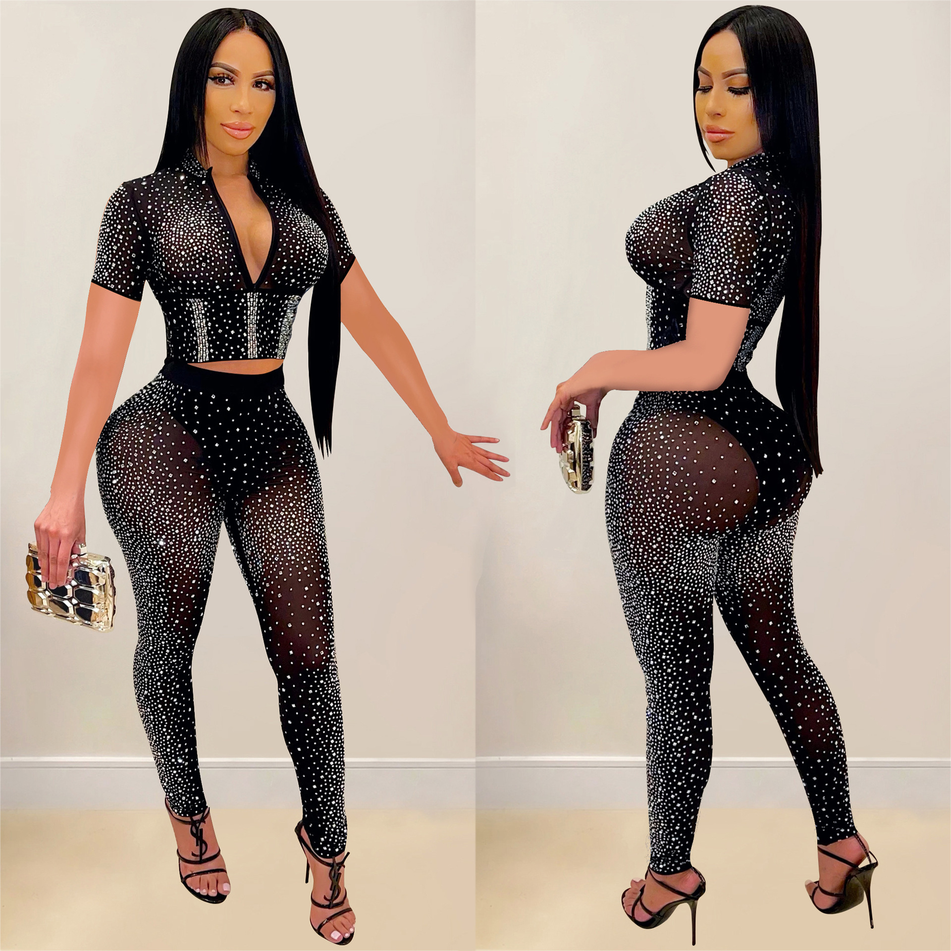 C6256 transfronteriza AliExpress Amazon ropa de mujer de moda europea y americana de malla de color sólido rhinestone pantalones de manga corta conjunto de dos piezas