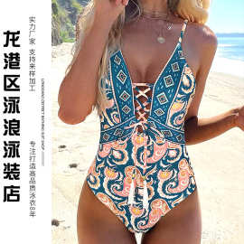 波西米亚吊带碎花图腾连体泳衣深V绑带三角一体式比基尼速卖通