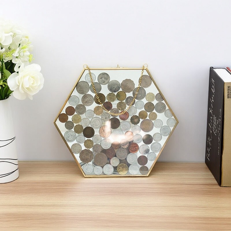 Hexagonal Glass Photo Frame Hanging Wall Specimen Frame Copper Edge Simple Transparent Photo Frame Old Photo Clip Metal Photo Wall