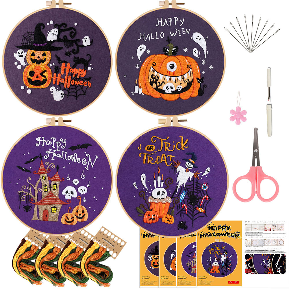 Original nuevo paquete de materiales bordados DIY a mano 2025 Halloween murciélagos calabaza gatos combinación de inglés transfronterizo