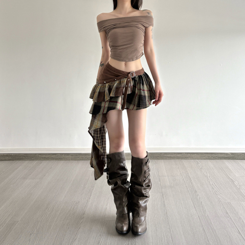 アメリカンレトロスタイルインストリートホットガールヒッピーディストピアスタイルパターンステッチ不規則な裾スカート女性用|undefined