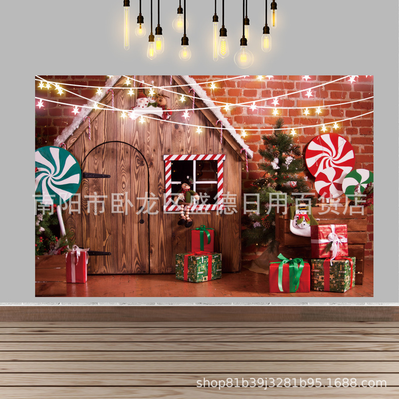 Christmas wooden house candy photo background children portrait photography background cloth Christmas family party layout banner