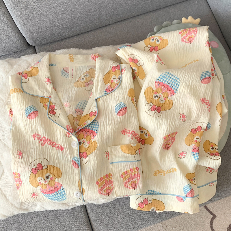 日系格子helloKitty睡衣女款春秋夏季纯棉长袖可爱开衫棉纱家居服|undefined