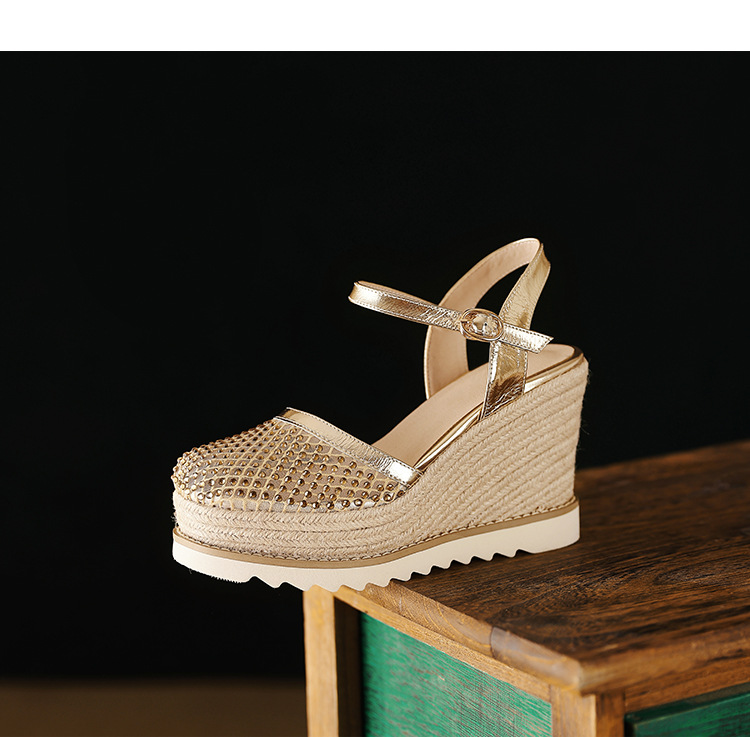 Sandal cao gót nữ mũi nhọn quai ngang đế xuồng đan lưới — màu vàng, bạc chi tiết 14