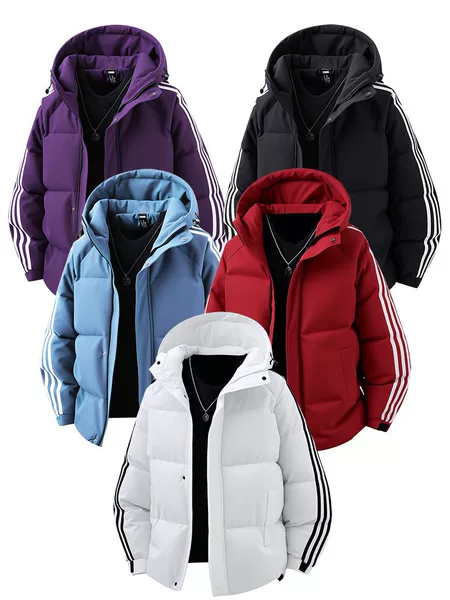 Winter cotton-padded jacket for men, thickened for outdoor warmth, classic three-stripe design, suitable for couples, with a hood