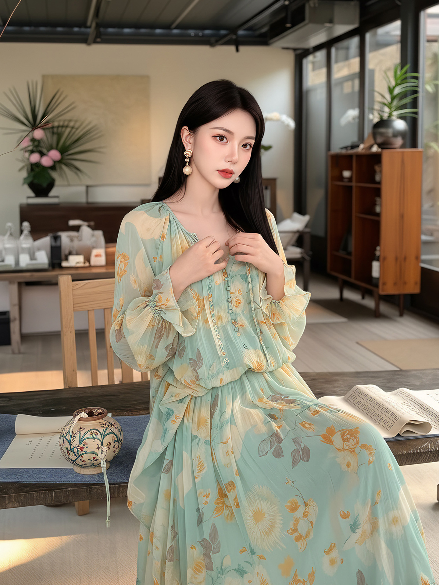 Đầm maxi nữ thắt eo phong cách Tân Trung Hoa in họa tiết thiết kế giả hai lớp — Thiên Thanh