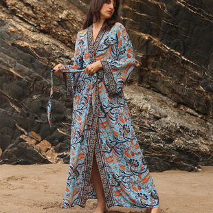 New Summer Rayon Positioning Printed Thin Cover-Up Bikini Summer Sun Protection Cover-Up Boho Kimono