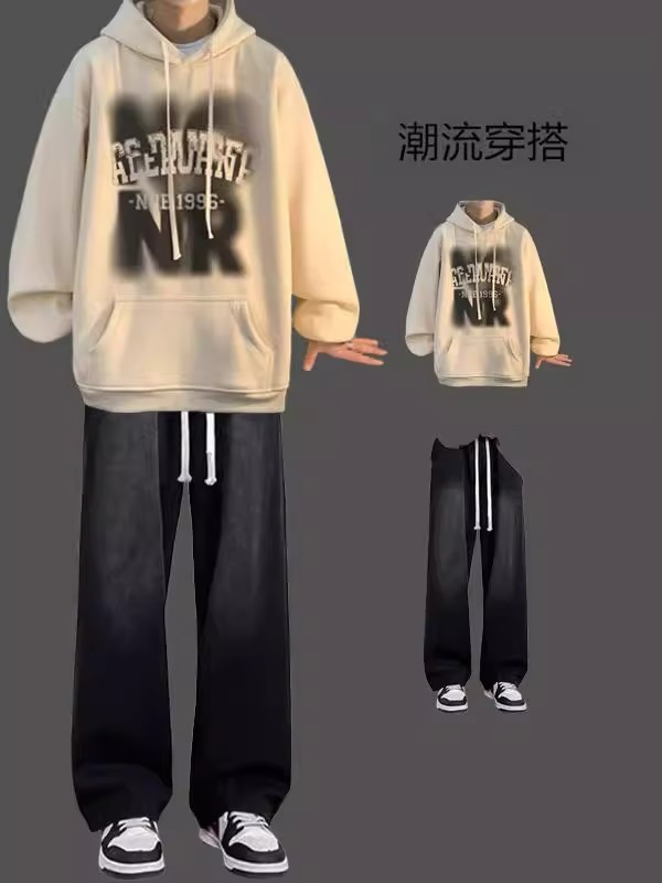 秋冬季套装男美式连帽卫衣潮牌一套搭配牛仔裤学生潮流帅气两件套|undefined