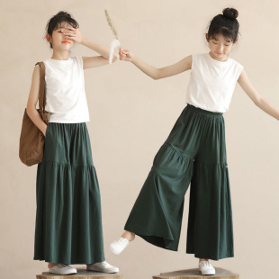 Junior High School Students' Culottes Summer Thin Small Women's Nine-Point Culottes 2025 Only This Green Wide-Leg Pants for Girls