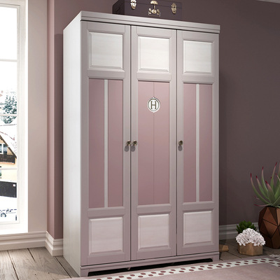 儿童衣柜实木柜子现代简约家用卧室女孩粉色两门三门平开门衣橱
