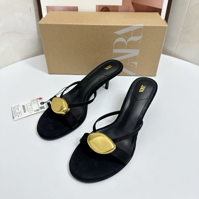ZA 夏新製品 2025 ハイヒールの女性の靴ラウンドトゥメタルバックル付きファッションバックホリゾンタルサンダル女性用|undefined
