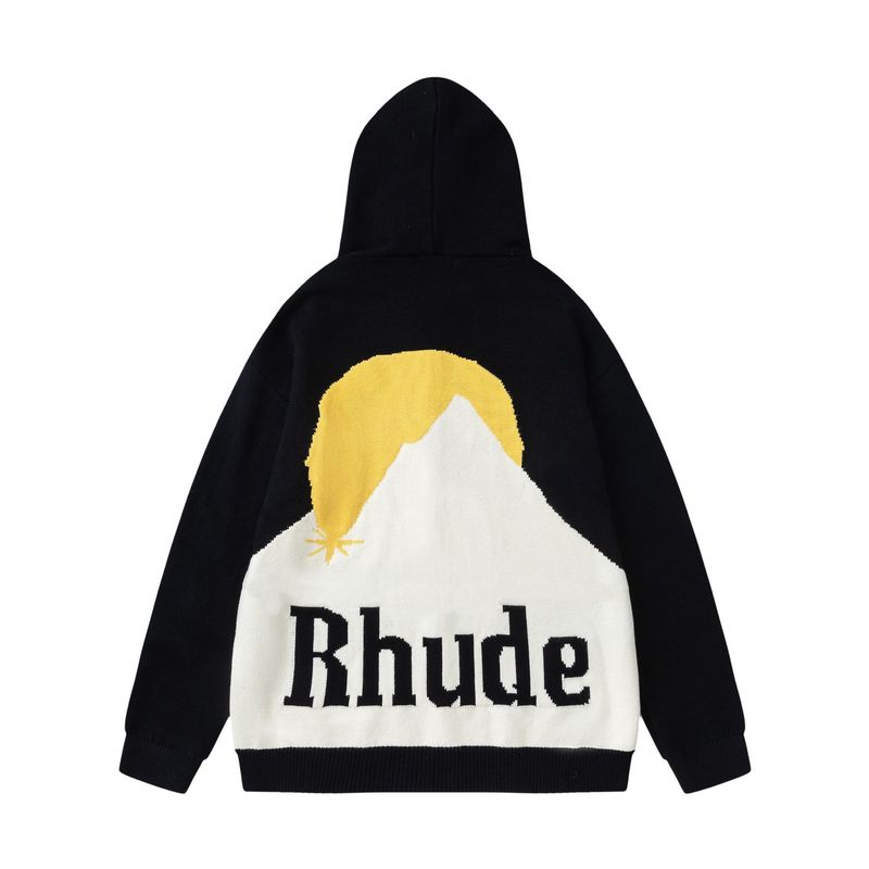 25S跨境潮牌RHUDE日落雪山字母提花开衫连帽毛衣男女针织毛衫外套|undefined