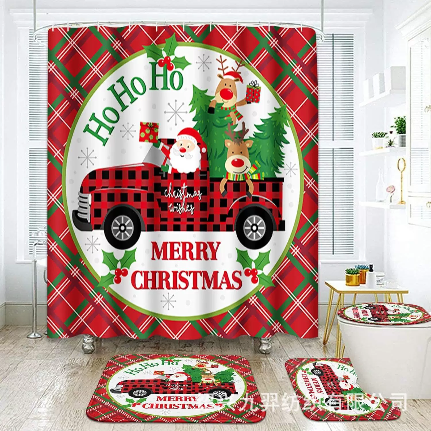 跨境新款圣诞节浴帘浴帐浴室防水涤纶门帘窗帘隔断帘马桶垫四件套