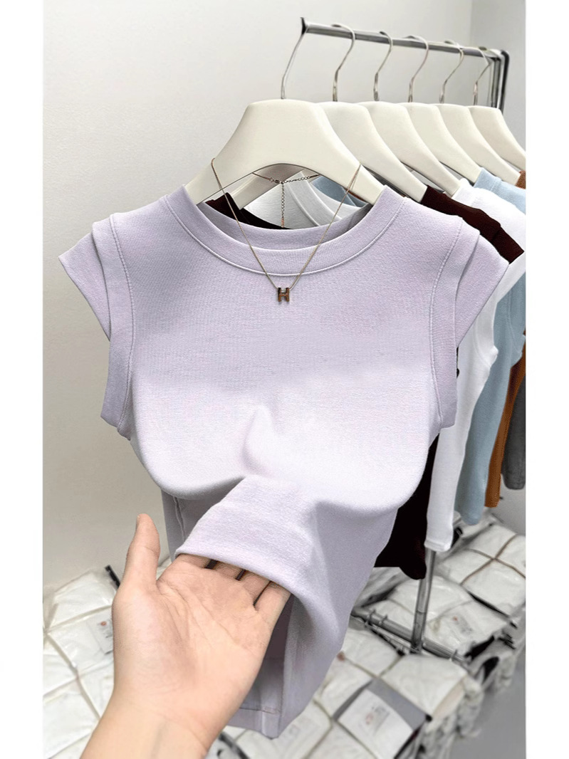 2026年夏新作、小飛袖ラウンドネックタイトフィット半袖Tシャツ、女性用スリムフィットショート丈シンプルエレガントデイリートップス