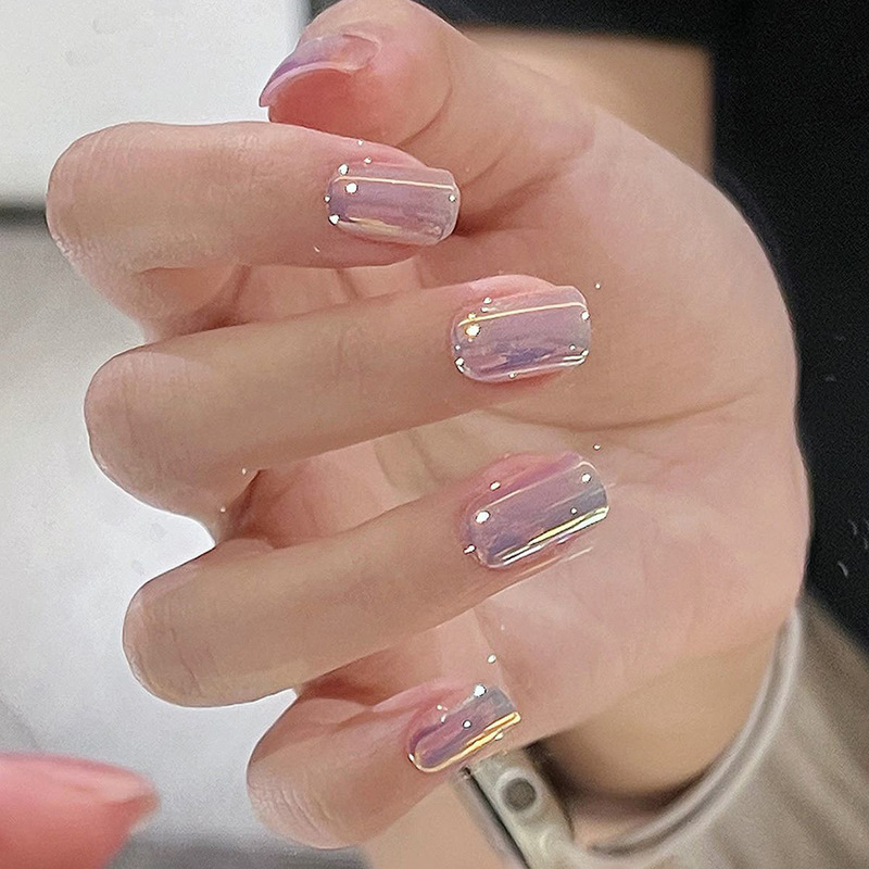 Medium-Sized Square False Nails with Electroplated Chrome Mirror Finish, Acrylic Pink and White, Sweet Aurora Style, European and American Ins Style, Cross-Border Hot Sale