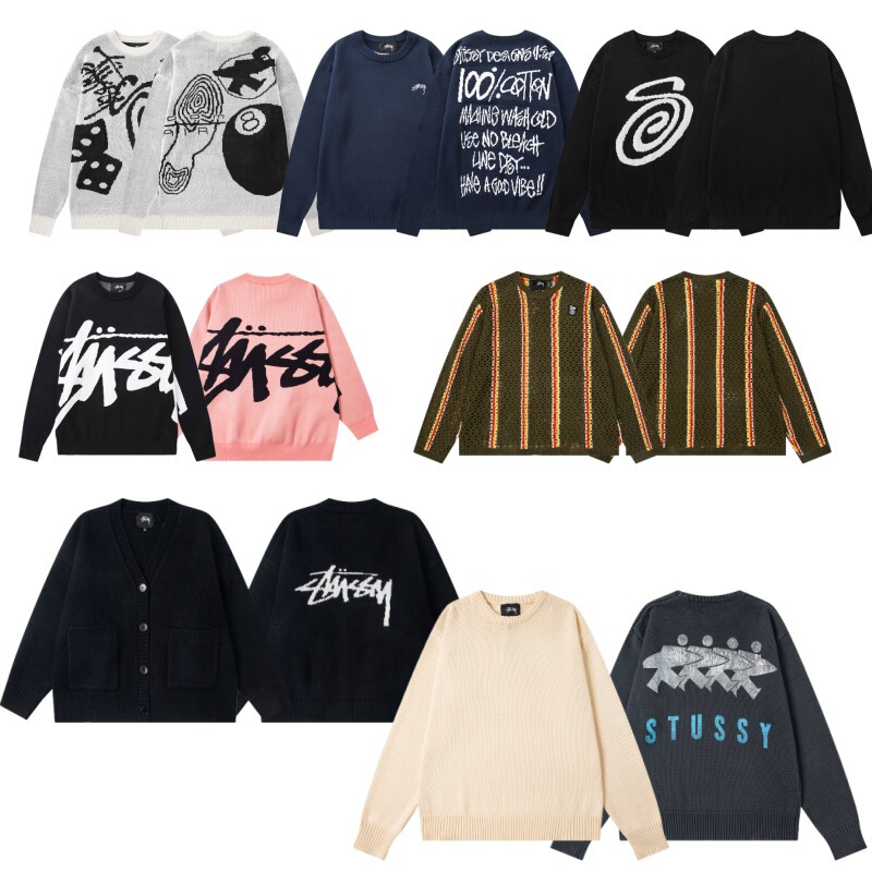 2025 Cross-Border Stu Letter Series Mosquito-Repellent Jacquard Knitwear Stussy Round Neck Loose Sweater European and American Style