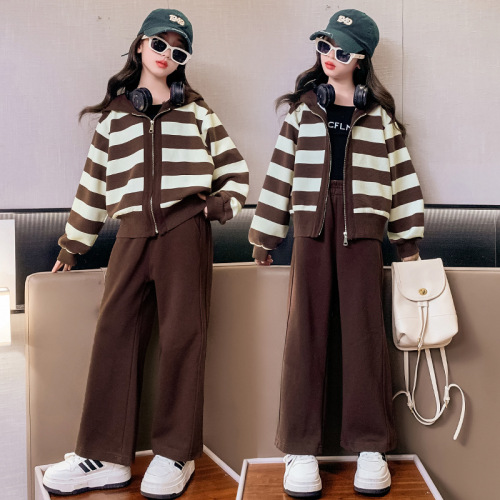 Girls' Spring and Autumn Set  New Style Medium and Large Children's Striped Hooded Sweatshirt Top and Wide-Leg Pants Two-Piece Set