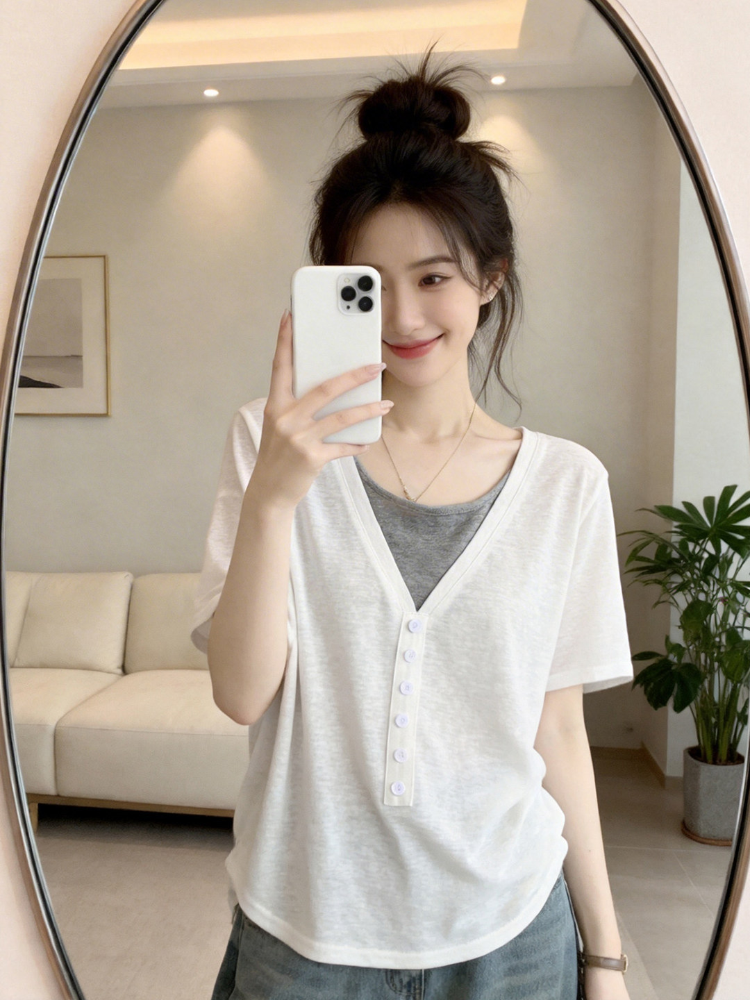 Áo thun nữ tay ngắn giả hai lớp chất liệu Ice Silk rộng thoải mái phong cách lười biếng dễ phối đồ — màu đen