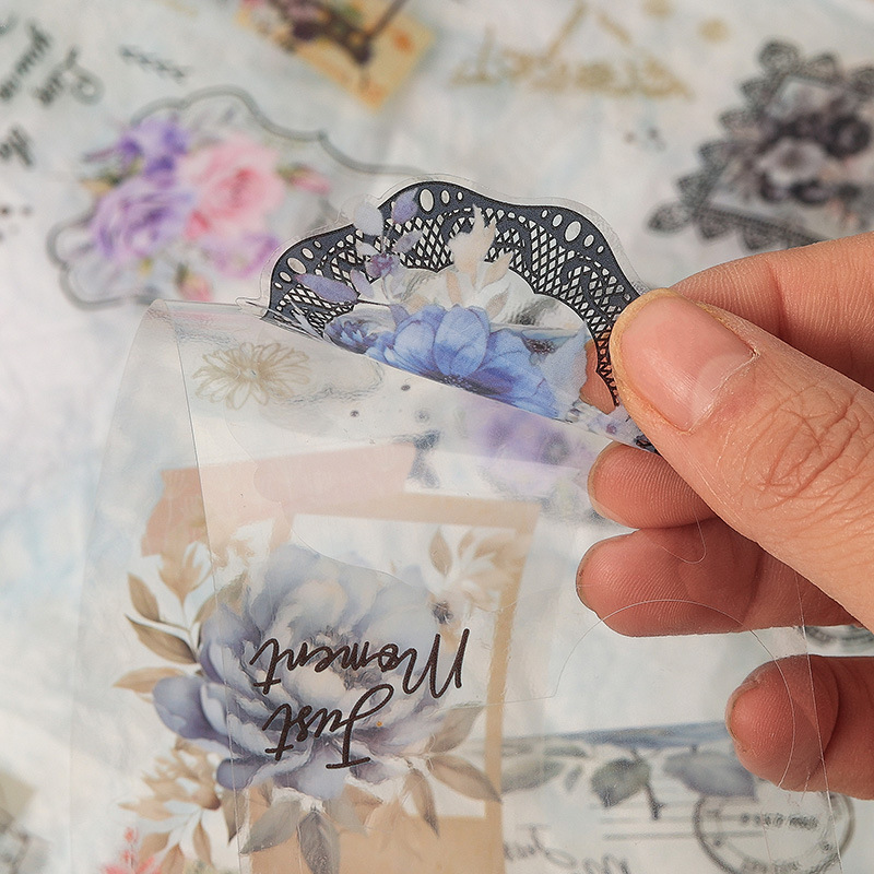 Flores nostálgicas, cinta adhesiva impermeable transparente, caja de bricolaje, pegatinas de diario de cuentas de mano, pegatinas de flores retro transfronterizas