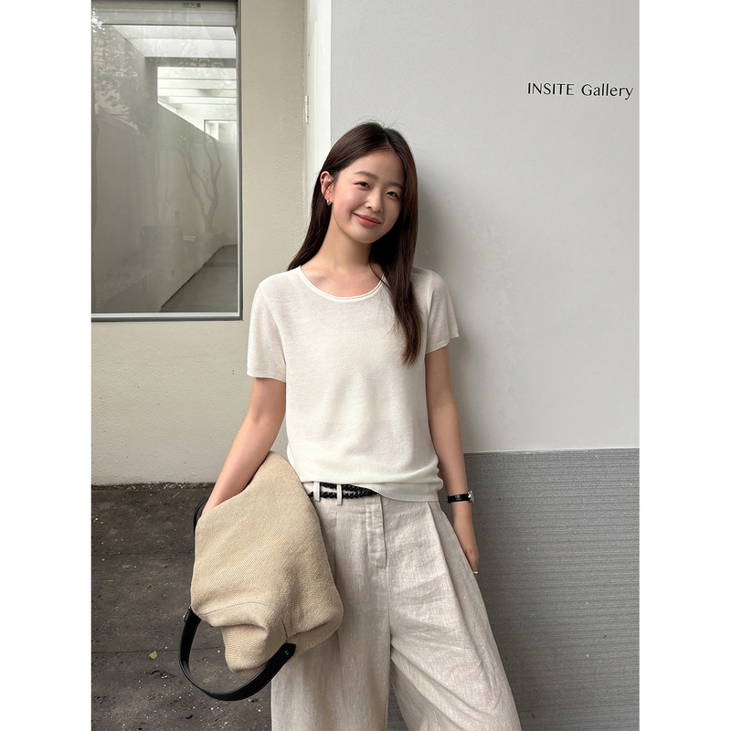 Tg Minimalist Aesthetics Basic Breathable Knitted T-Shirt for Women 2026 Summer U-Neck Solid Color Short Sleeve Top 26660 Tg Minimalist Aesthetics Basic Breathable Knitted T-Shirt for Women 2026 Summer U-Neck Solid Color Short Sleeve Top 26660