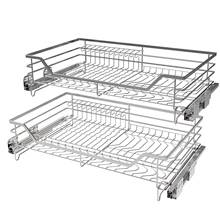 双层实心加粗拉篮304不锈钢厨房橱柜阻尼缓冲轨道碗碟架对开抽屉