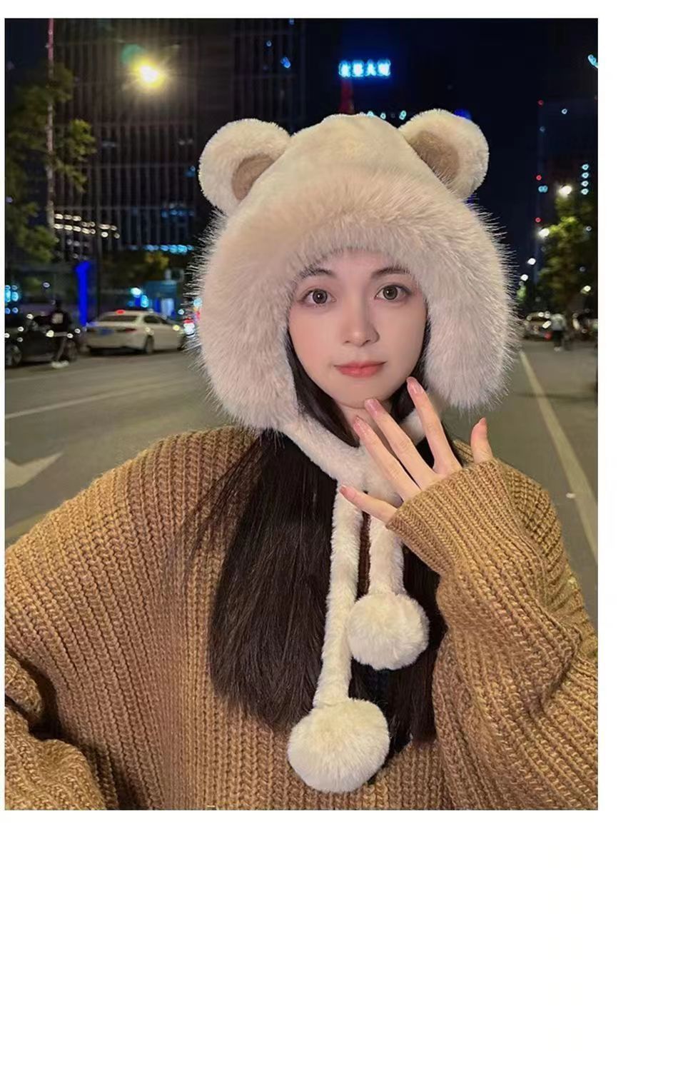 385g Weight Wool Cap Hats Type Casual, Outdoor, Daily Occasion Plush Material Women's Cute Bear Pom Poms Ear Warap Wool Cap