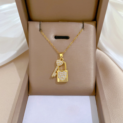 [Titanium Steel] Key Heart Lock Luxury Elegant Glittering Full Diamond Necklace Women's Versatile Clavicle Chain Titanium Steel Chain