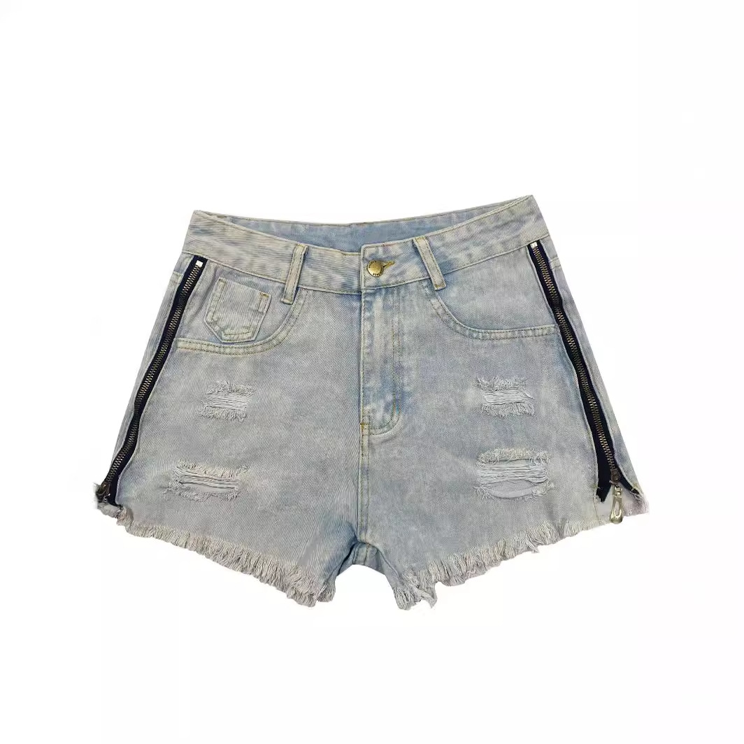 Dames sexy pittige meisje rits denim shorts 2024 zomer nieuwe geperforeerde Ragged Edge hotpants_voghion.com