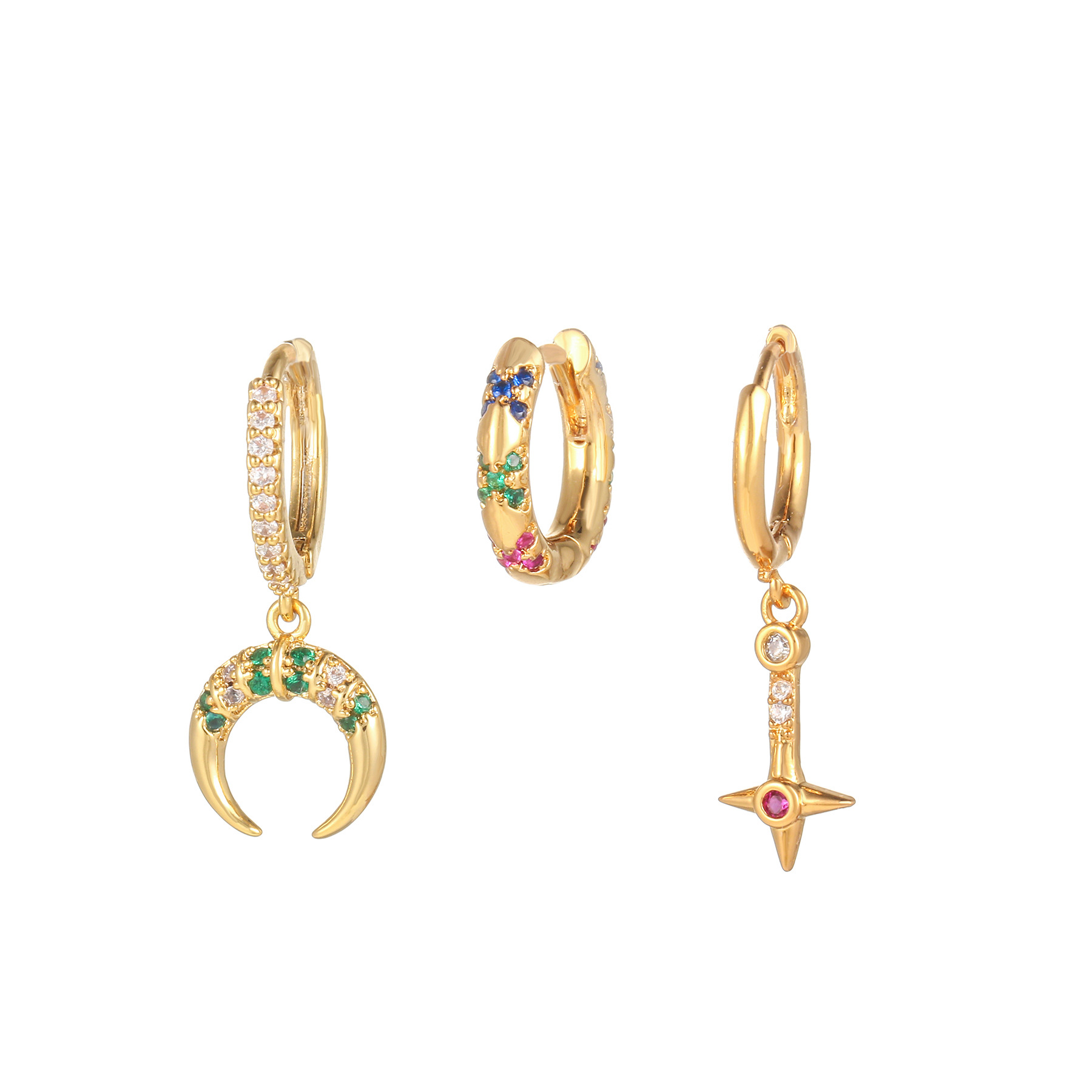 Micro Inlaid Zircon Star Moon Ear Clip Three-piece Earring Set display picture 8