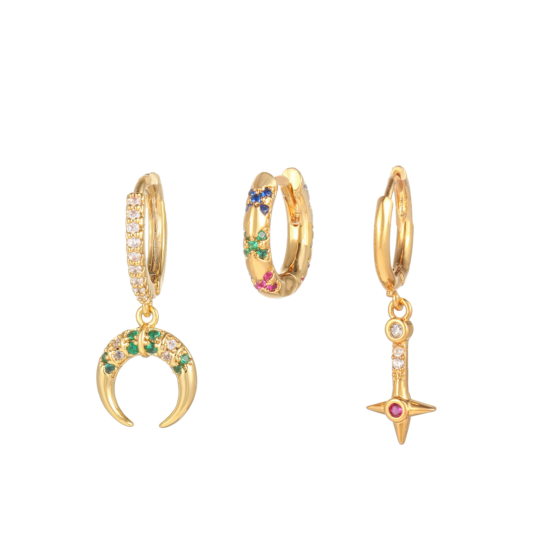 Micro Inlaid Zircon Star Moon Ear Clip Three-Piece Earring set