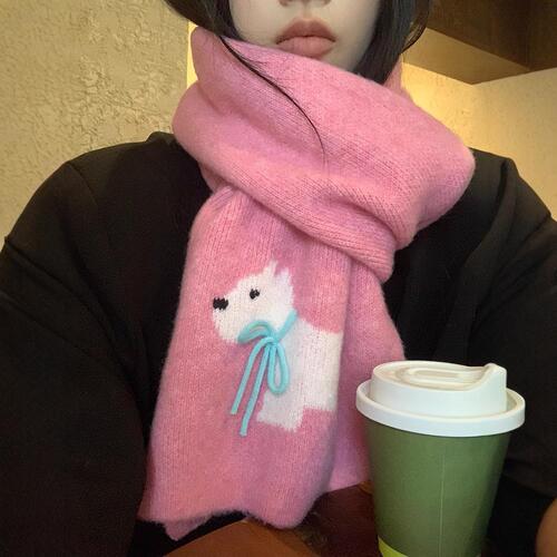 Sweet Cool Rabbit Handmade Bow Winter Warm Scarf Women's Winter Knitted Wool Imitation Cashmere Scarf Solid Color Cartoon