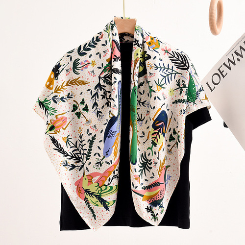 Forest-Style Colorful Bird Print 70cm Small Silk Scarf for Women  Spring New Product Simulated Silk Square Scarf Easy to Match Shawl Wholesale