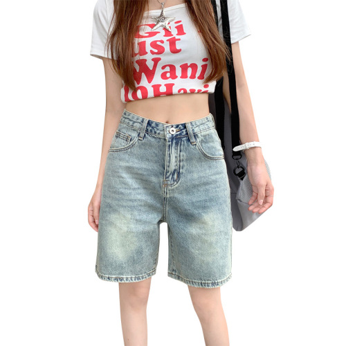 Relaxed denim shorts for women, summer thin design sense, slimming wide-leg hot girl five-point middle pants