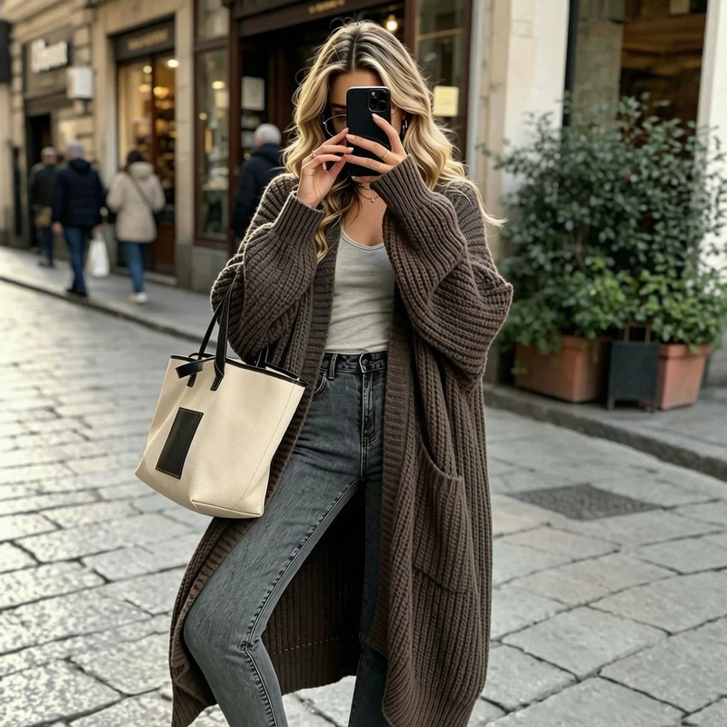 Thickened Autumn and Winter Knee Sweater Coat Women's Loose All-match Base Long-sleeved Knitted Cardigan Lazy Fashion Mid-length Thickened Autumn and Winter Knee Sweater Coat Women's Loose All-match Base Long-sleeved Knitted Cardigan Lazy Fashion Mid-length